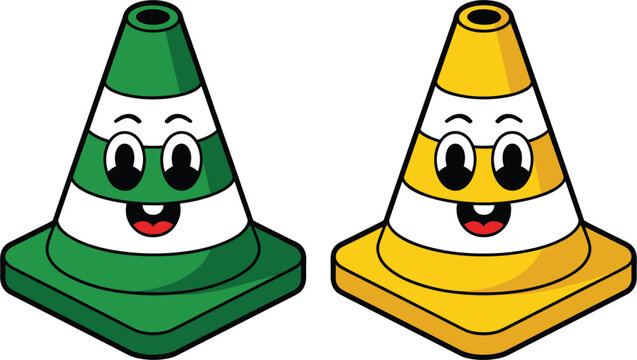 Cute traffic cone cartoon character vector set, green and yellow safety barrier icons layout design