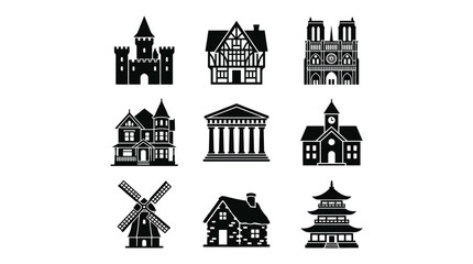 Fototapeta premium Black and white building silhouettes collection.