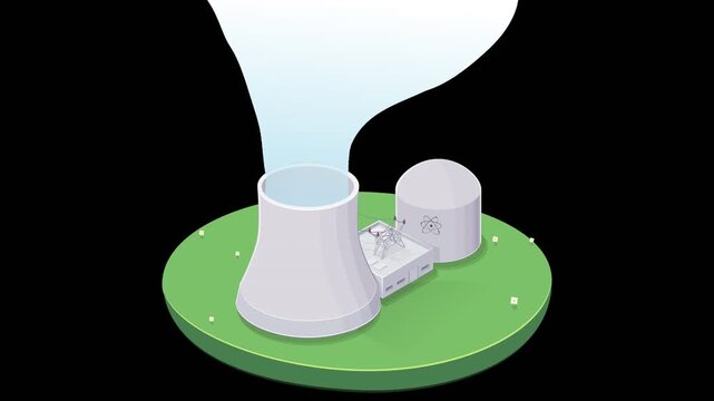 Loopable animation of a nuclear power plant producing clean electricity. Chroma key green screen with alpha channel. (loopable)