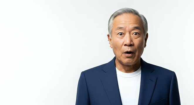 Senior Asian male professional in navy blazer and white shirt, isolated on white background, suitable for corporate portraits, business websites, and professional headshots.