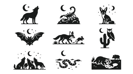 Naklejka premium Black silhouettes of various wild animals.