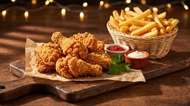 Crispy fried chicken and golden french fries comfort food platter