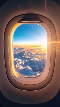 Sunrise viewed through an airplane window above a sea of clouds.