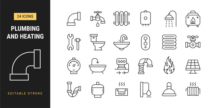 Plumbing and heating icon set with water pipe faucet boiler radiator toilet bathroom and maintenance symbols in editable stroke line.