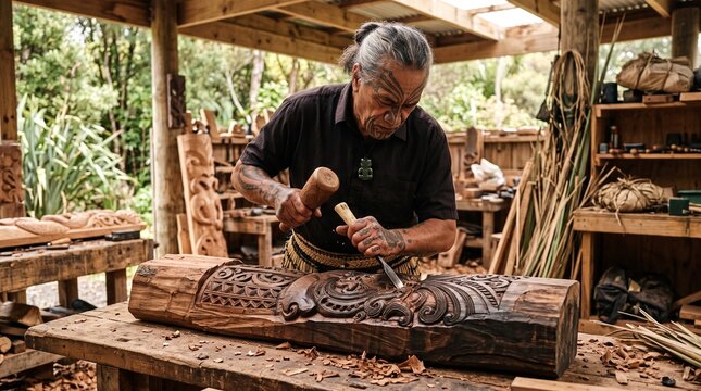 A senior Maori woodcarver with facial moko tattoo carefully chisels a large piece of wood with intricate traditional patterns