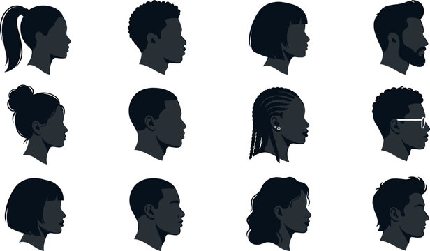 Diverse People Side Profile Silhouette Collection with Men and Women Avatar Faces for Identity, Inclusion, Team, and Social Media Graphic Designs
