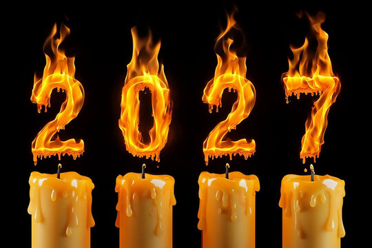 anno nuovo 2027 rappresentato con candele accese e fiamme, new year 2027 represented with lit candles and flames