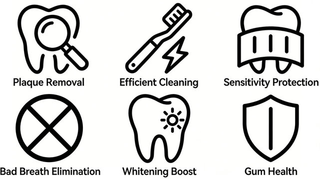 The complete set of black and white teeth care minimalist line icons represents the concepts of teeth cleaning, anti sensitivity and gum protection, and teeth whitening oral care.
