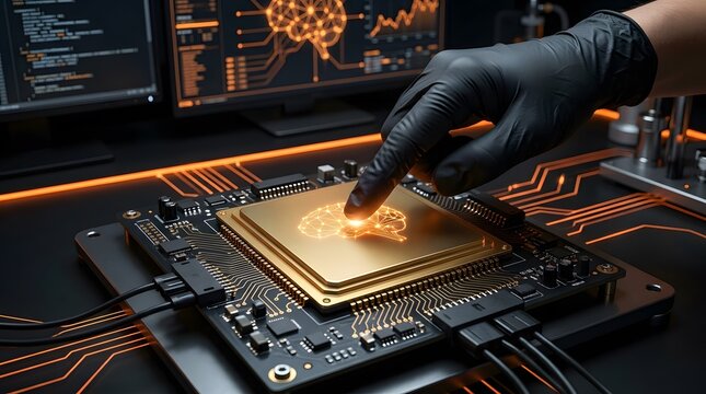 Artificial intelligence, AI and microchip with brain icon for neural network, machine learning and hardware engineering. Technician, hand and circuit board with future tech, science and innovation