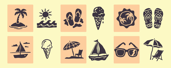 Fototapeta premium Retro Summer Beach Icon Set Hand Drawn Silhouettes