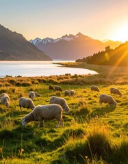 Obraz premium Sheep grazing in a sun-drenched field with mountains and a lake in the background.