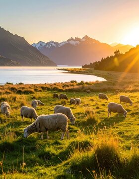 Sheep grazing in a sun-drenched field with mountains and a lake in the background.