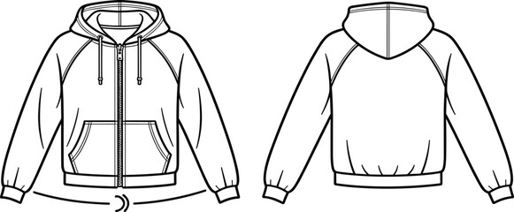 Hoodie, technical, sketch, apparel, flat, vector, design, fashion, casual, clothing, garment, raglan, zipper, pocket, fleece © MdMucha