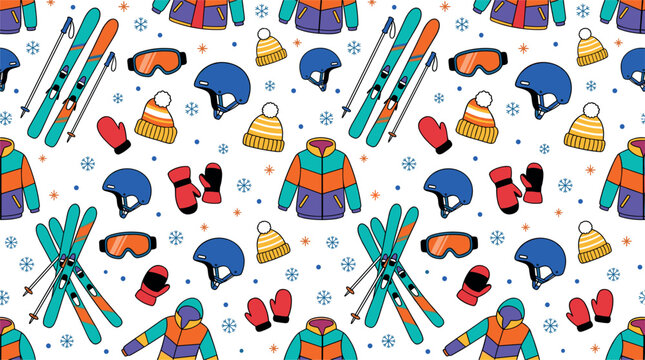 Skiing and Winter Sports Seamless Pattern Vector with Skis, Poles, Jackets, Helmets, Goggles, Beanie Hats, Mittens, and Falling Snowflakes Background Designs