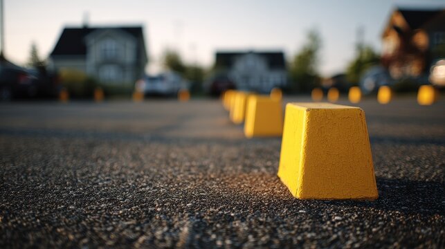 Empty lot safety detail: yellow stop blocks guiding vehicle spaces