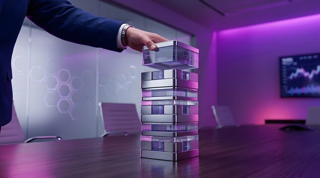 Data stacking, business strategy and hand with blocks in office for growth, success and corporate planning. Leadership, innovation and solution with progress, technology and building for future