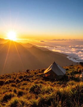 A tent is set up on a grassy mountain slope at sunrise.