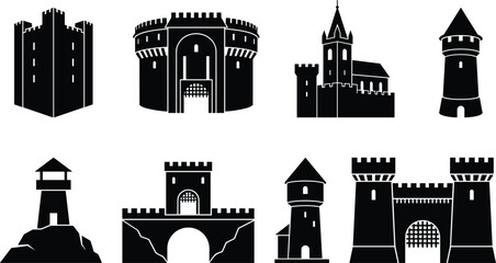 Set of black medieval castle icons featuring fortresses, watchtowers, fortified gatehouses, and historic stone structures © MstShapla