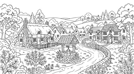Fototapeta premium Quaint English Village Landscape with Wishing Well and Cottages Coloring Page
