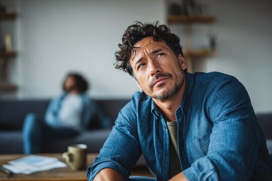 Exhausted man with blue shirt shows eye-rolling reaction while listening to partner at home