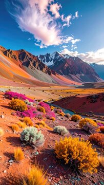 Vibrant mountain landscape with colorful vegetation and a winding river.