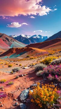 A vibrant mountainous landscape with colorful geological formations and blooming wildflowers under a dramatic sky.