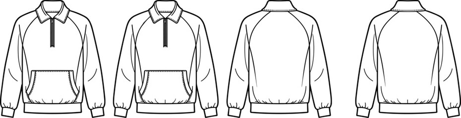 Set of technical sketches featuring casual half-zip pullovers with raglan sleeves, fold-down collars, and kangaroo pockets for fashion design. © MdMucha