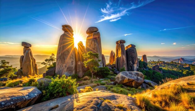 Golden sunrise illuminates dramatic rock formations in a rugged landscape.