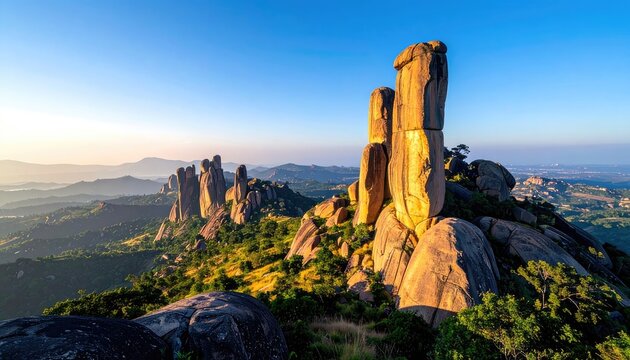 Majestic rock formations bask in the warm glow of the setting sun.