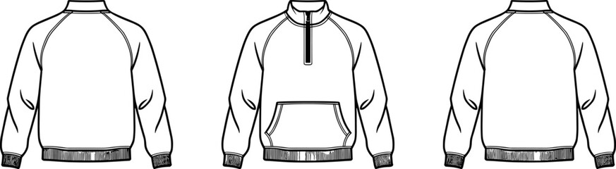 Set of technical sketches featuring casual quarter-zip sweatshirts with raglan sleeves, ribbed cuffs, and kangaroo pockets for fashion design. © MdMucha