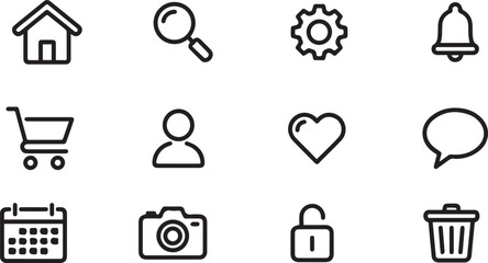 line icons set including house magnifying glass gear and bell shopping cart person heart chat bubble calendar camera lock and trash can © jobaida