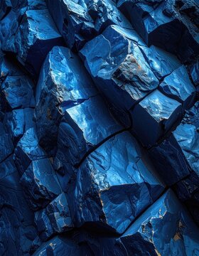 Close-up view of deep blue rock formations with textured surfaces and sharp edges.