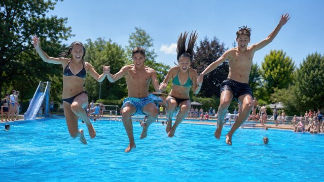 Vier Jugendliche springen gemeinsam ins Wasser eines Freibads. Der fr&ouml;hliche Moment voller Energie, Sommerlaune und Freundschaft zeigt unbeschwerte Freizeit in Deutschland.