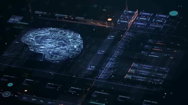 Futuristic human brain digital HUD interface scanning data, artificial intelligence machine learning cyberpunk concept loop background