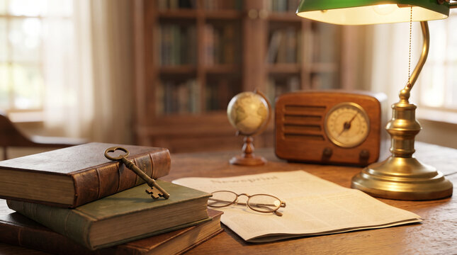 Vintage Books with Skeleton Key, Glasses on Newspaper, and Banker's Lamp on Wooden Desk, Universal Access to Information and Freedom of Press Concept