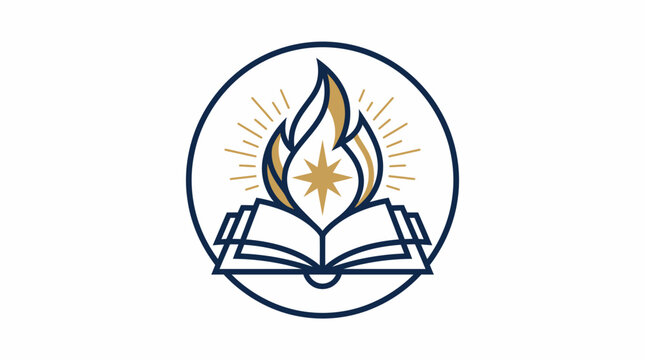 Minimalist logo design featuring an open book with a glowing star and flame.