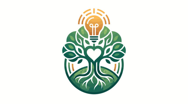 Stylized illustration of a tree with a lightbulb and heart symbol representing sustainable innovation and growth.
