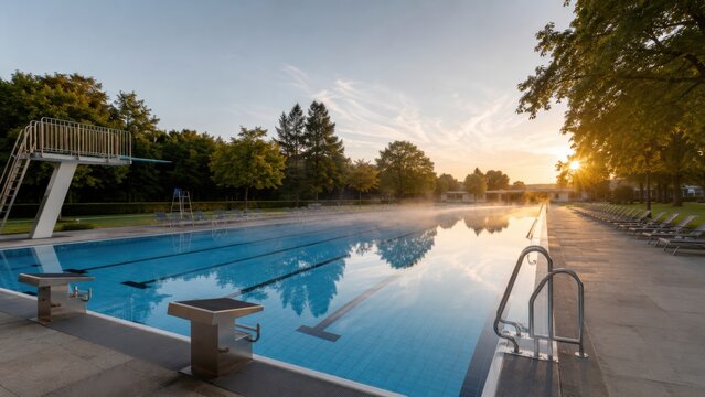 Morgenstimmung am leeren Freibad mit leichtem Nebel &uuml;ber dem Wasser. Das lange Sportbecken und das sanfte Sonnenlicht zeigen Ruhe, Frische und Sommerbeginn in Deutschland.