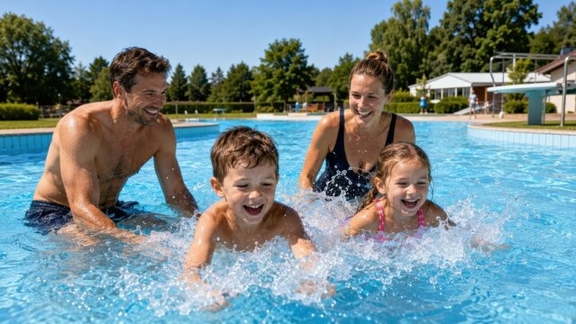 Junge Familie spielt ausgelassen im flachen Wasser eines Freibads. Eltern und Kinder erleben an einem sonnigen Sommertag Abk&uuml;hlung, Spa&szlig; und wertvolle gemeinsame Zeit.