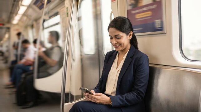Young South Asian Businesswoman Reading Phone on Modern Metro Commute, Corporate Lifestyle, Urban Public Transportation, Minimalist Morning Travel, Professional Mobility, Smart City Commuting