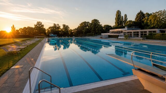 Modernes Freibad im goldenen Abendlicht. Das ruhige Schwimmbecken, die klare Architektur und die warmen Reflexionen zeigen sommerliche Entspannung und elegante Freizeitkultur.