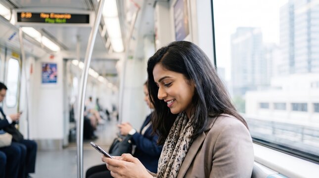 Young Indian Businesswoman Reading Smartphone on Modern Commuter Train, Candid Urban Commute, Mobile Communication, Professional Lifestyle, Contemporary Public Transport