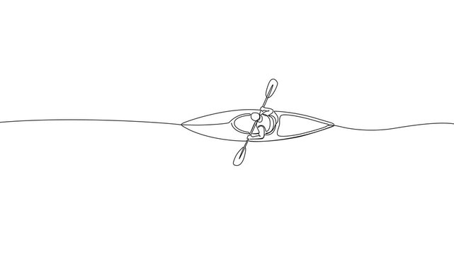 animated minimalist continuous line drawing of person paddling in a kayak, top-down view of a kayaker on water, outdoor adventure and water sports concept, line art animation