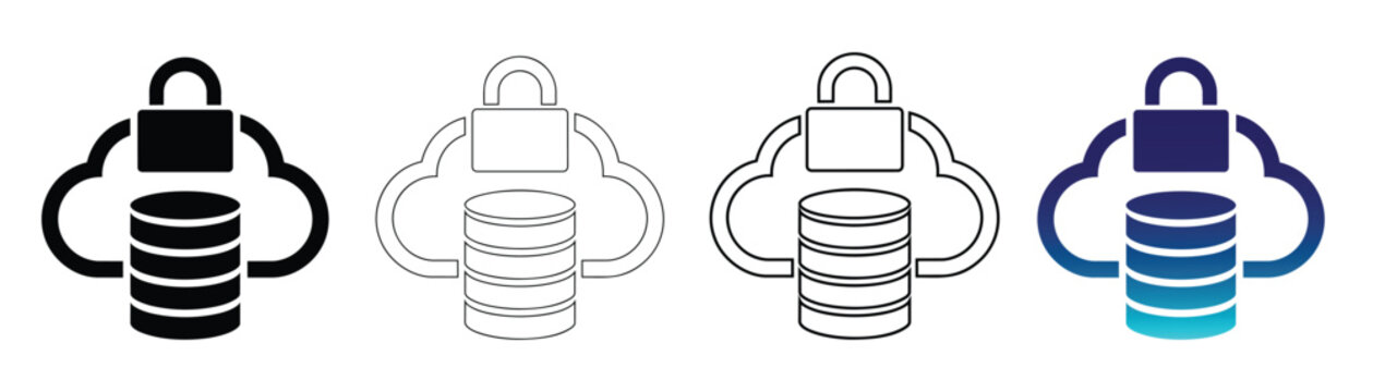 Secure cloud server database and cyber padlock vector icon set