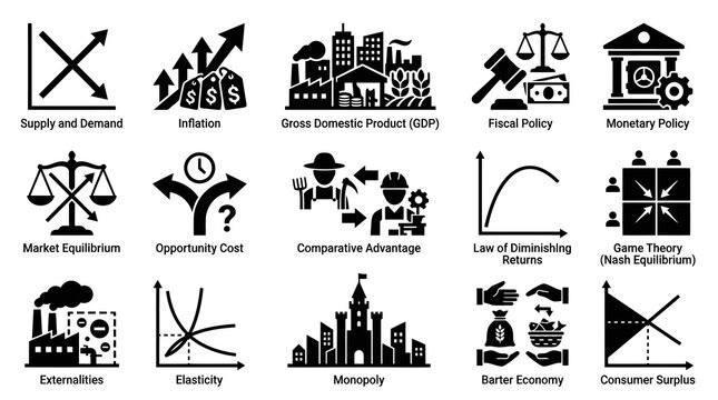 Economic Concepts Icons Set: Supply Demand, Inflation, GDP, Policy, Market, Cost, Game Theory