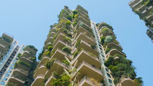 Green architecture, vertical garden. Residential buildings with lush green balconies viewed from below in Chengdu city, China. Eco friendly city design and sustainable urban development