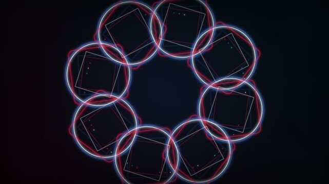 Glowing geometric mandala pattern with red and blue neon lines rotating on a black background, perfect for music videos, VJ loops, and dynamic digital art displays.