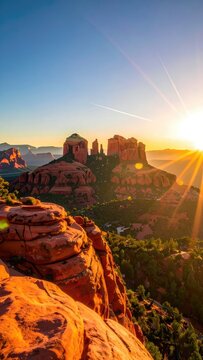 Majestic sunrise over red rock formations in Sedona, Arizona.