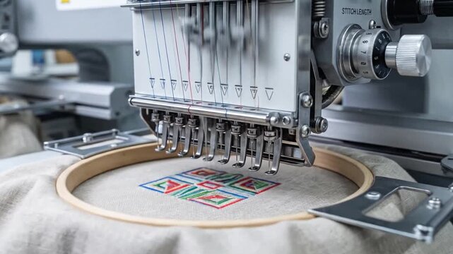 Industrial embroidery machine stitching colorful geometric pattern on linen fabric in workshop