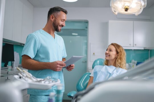 Gentle dental consultation between a male dentist and female patient in a bright clinic
